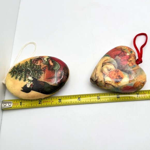 Paper Mache Christmas Ornaments Heart & Oval 1989 Cats Tree Old Fashioned Vtg - Picture 2 of 7